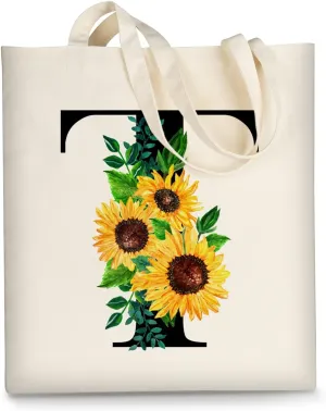 AUSVKAI Cute Sunflower Initial Canvas Tote Bag Aesthetic for Women