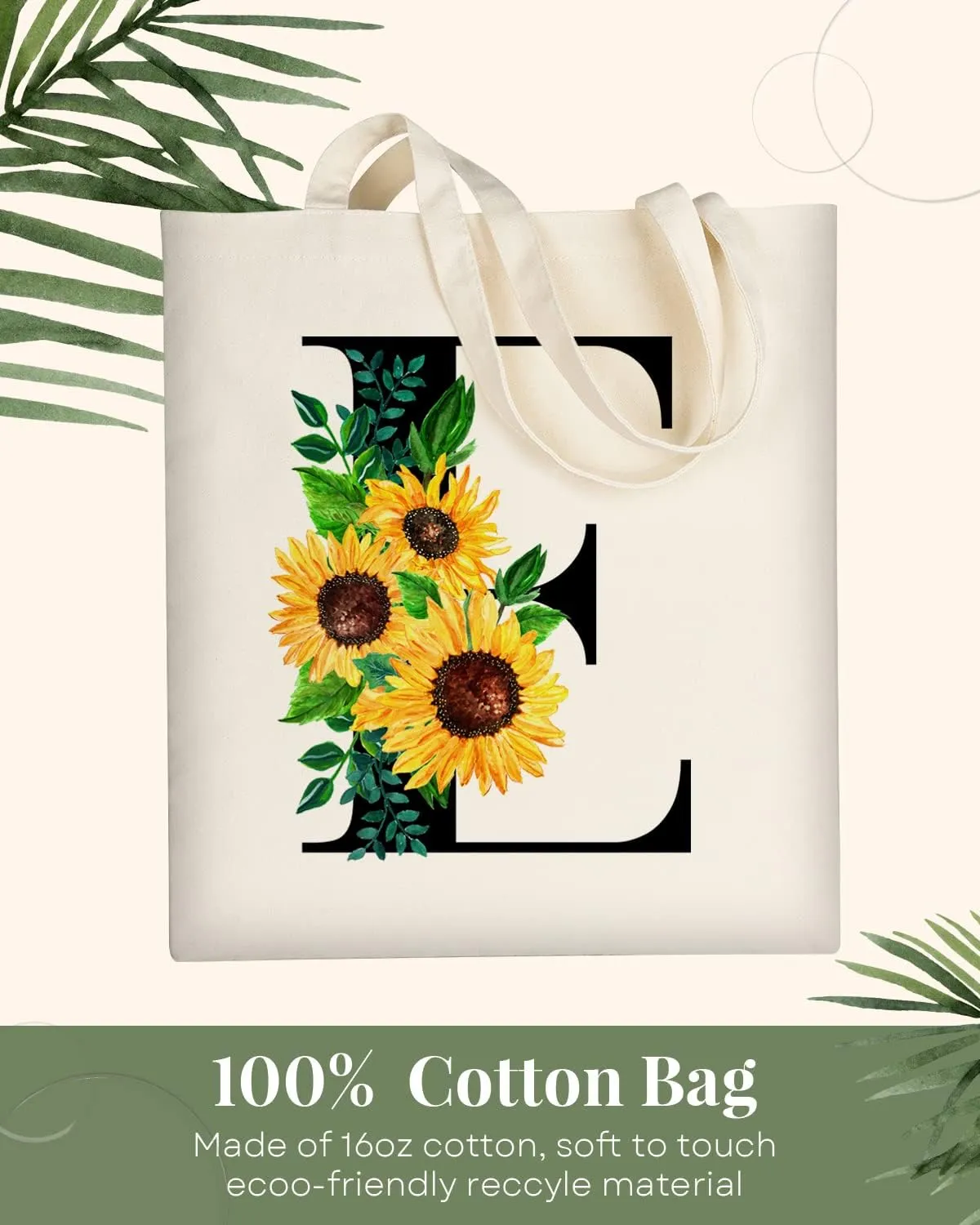 AUSVKAI Cute Sunflower Initial Canvas Tote Bag Aesthetic for Women