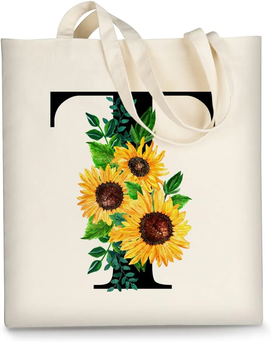 AUSVKAI Cute Sunflower Initial Canvas Tote Bag Aesthetic for Women