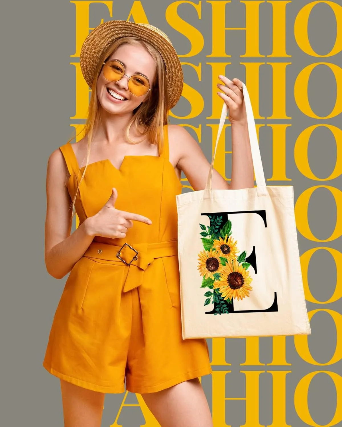 AUSVKAI Cute Sunflower Initial Canvas Tote Bag Aesthetic for Women
