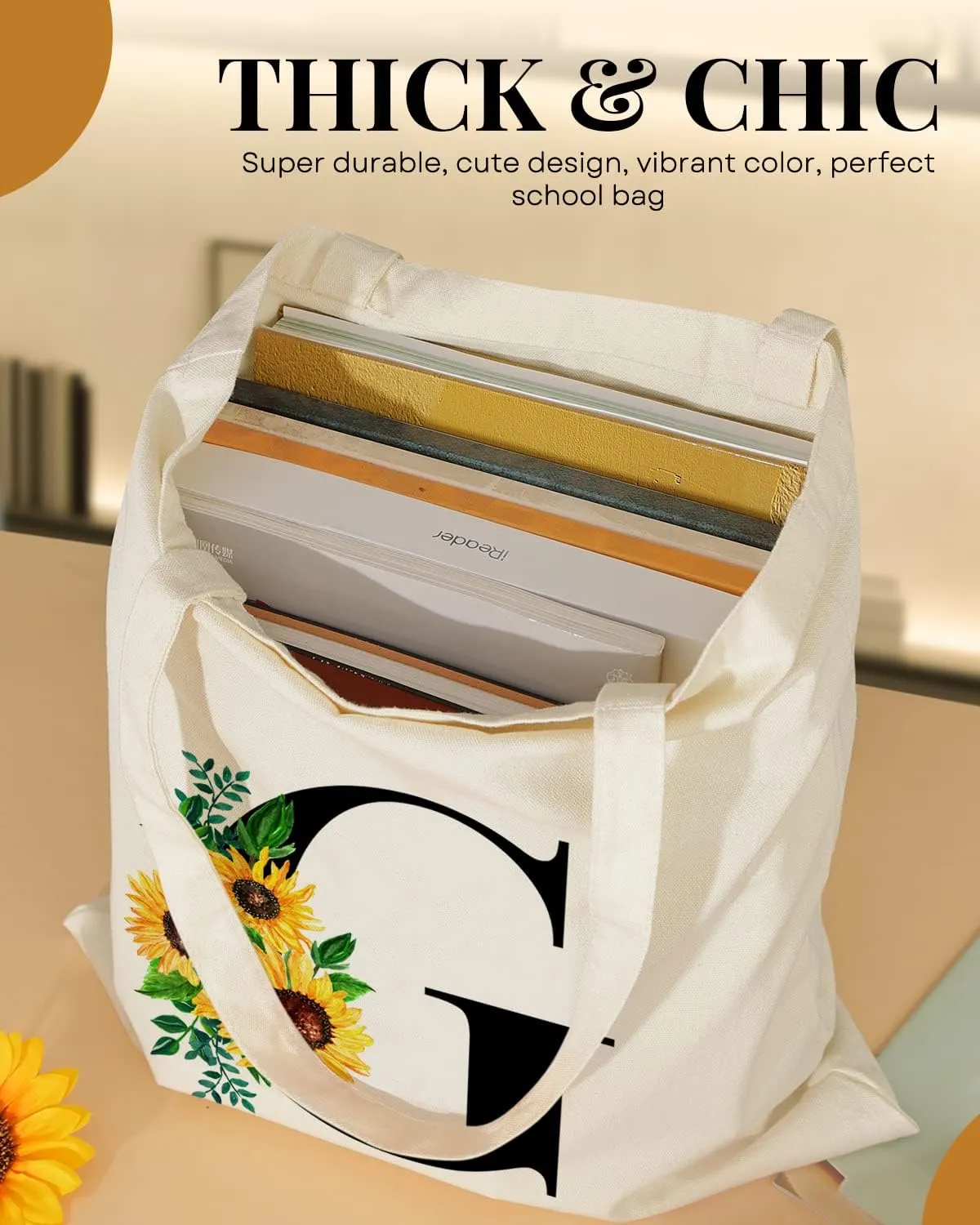 AUSVKAI Cute Sunflower Initial Canvas Tote Bag Aesthetic for Women