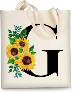 AUSVKAI Cute Sunflower Initial Canvas Tote Bag Aesthetic for Women