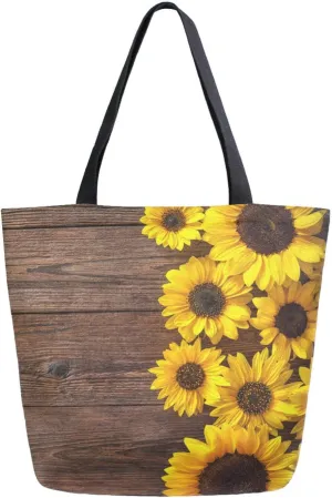 Autumn Sunflower Plank Canvas Tote Bag Women Shoulder Bag Reusable Grocery Bags Large Handbag Travel Shopping Bag for School Nursing Gift Outdoors