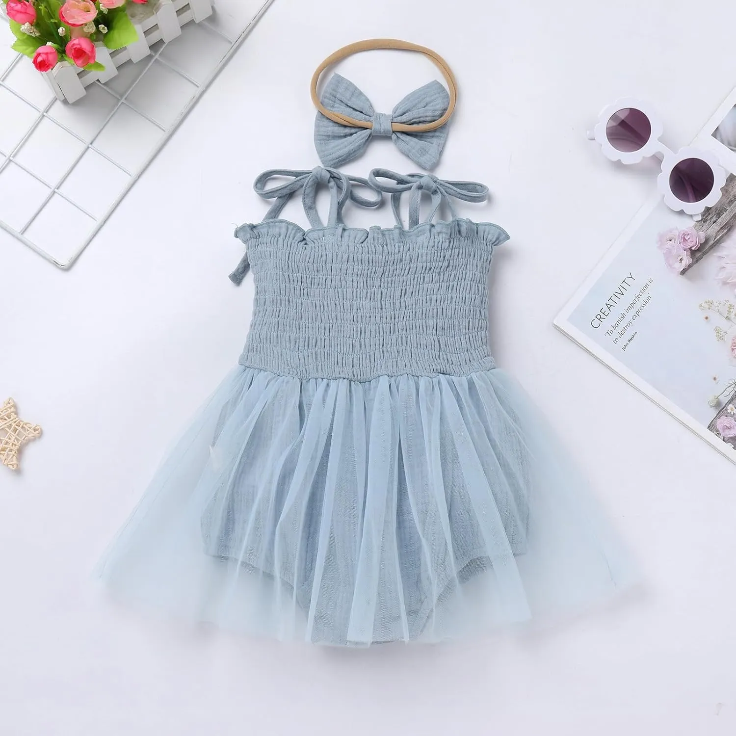 AWIBMK Baby Girls 1st Birthday Outfit Spaghetti Straps Romper Dress with Headband Sleeveless Princess Cake Smash Clothes