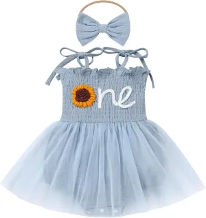 AWIBMK Baby Girls 1st Birthday Outfit Spaghetti Straps Romper Dress with Headband Sleeveless Princess Cake Smash Clothes
