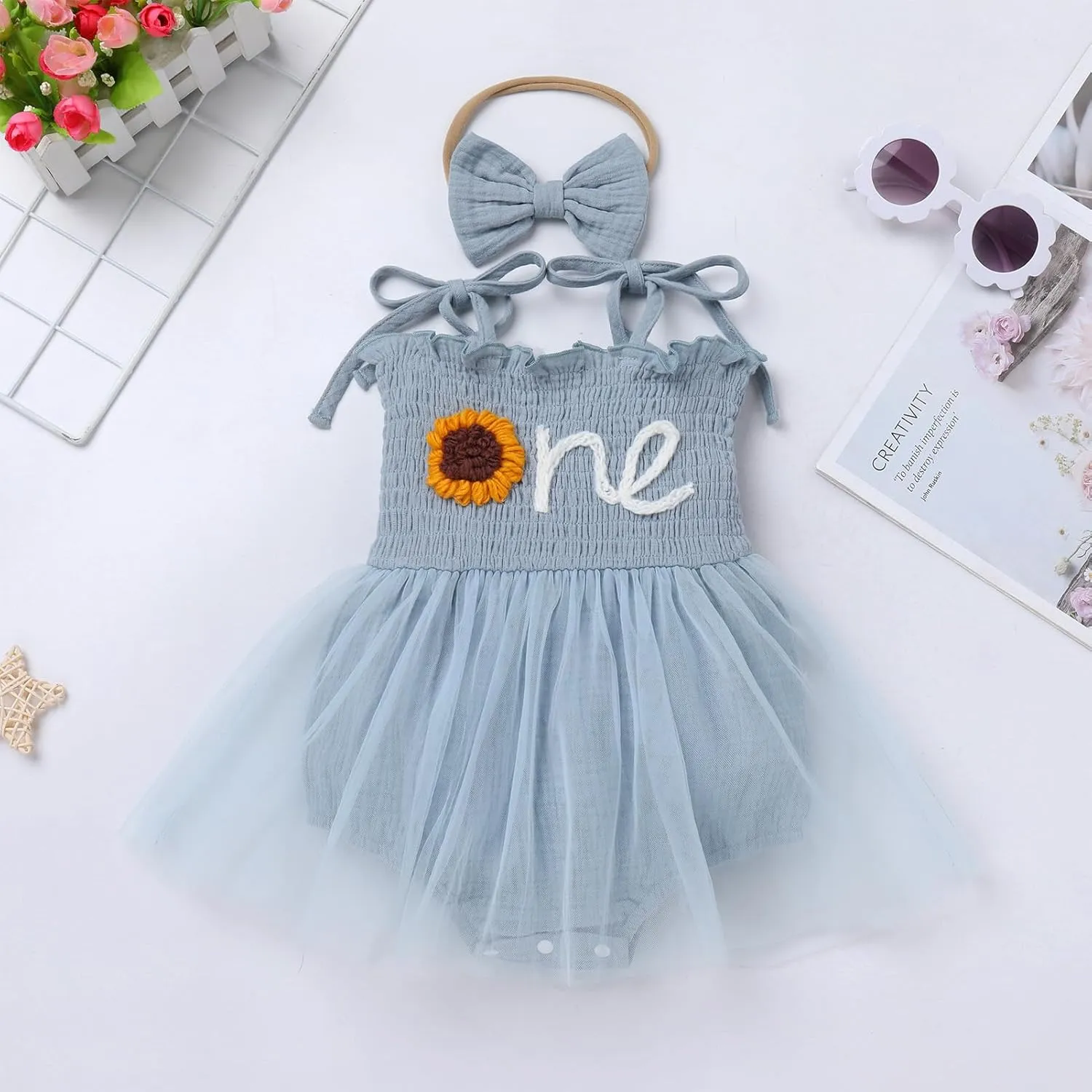 AWIBMK Baby Girls 1st Birthday Outfit Spaghetti Straps Romper Dress with Headband Sleeveless Princess Cake Smash Clothes