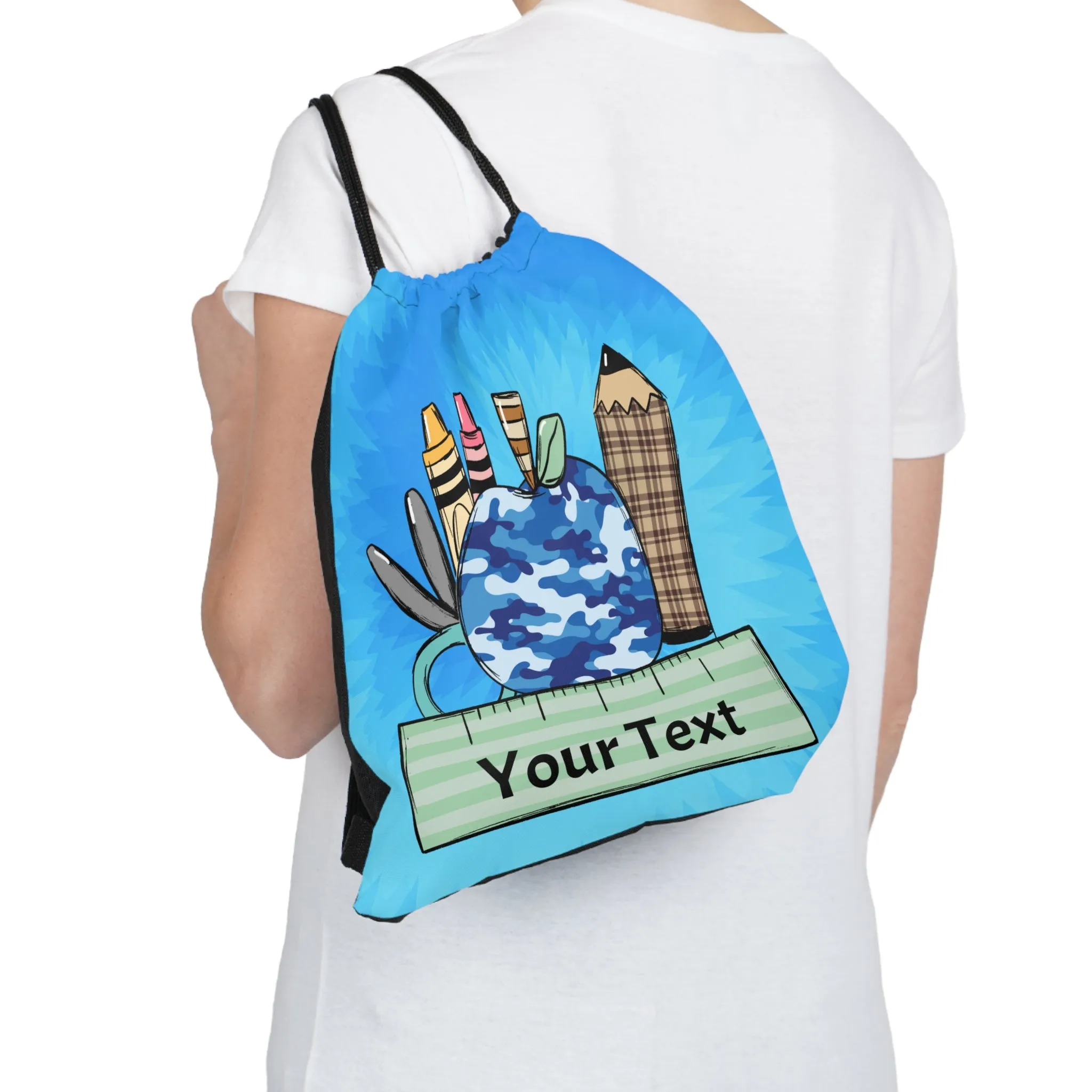 Back to School Personalized Kids Name Outdoor Drawstring Bag Blue Army Apple