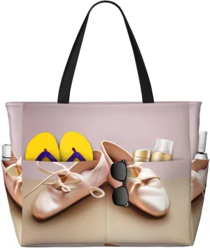 Ballet Shoes Print Beach Bag For Women,Travel Tote Bag With Zipper And Pockets,Summer Large Beach Tote Pool Bag