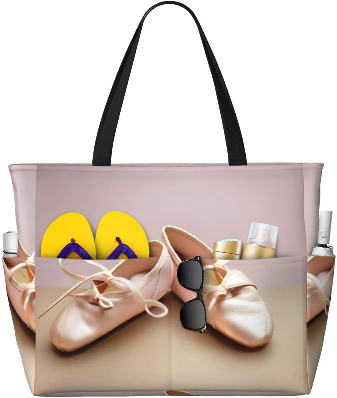 Ballet Shoes Print Beach Bag For Women,Travel Tote Bag With Zipper And Pockets,Summer Large Beach Tote Pool Bag