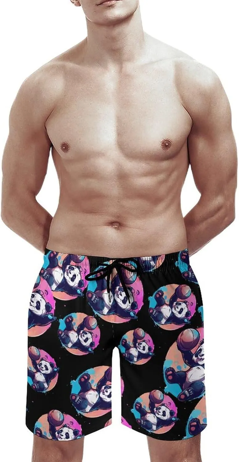 Basketball Panda Slam Dunk Mens Swim Trunks Quick Dry Beach Shorts Board Shorts Swimwear Bathing Suits with Mesh Lining