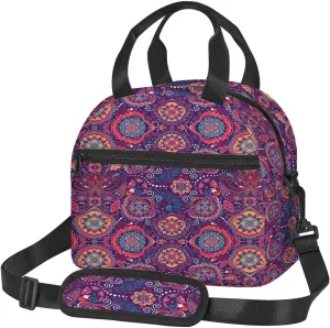 Batik Print,Insulated Reusable Lunch Bag with Adjustable Shoulder Strap for Adults,Eastern Droplet-Shaped Paisley,Leakproof Office Picnic Hiking Beach Tote Bag,Pink Purple,9x5x7.8in