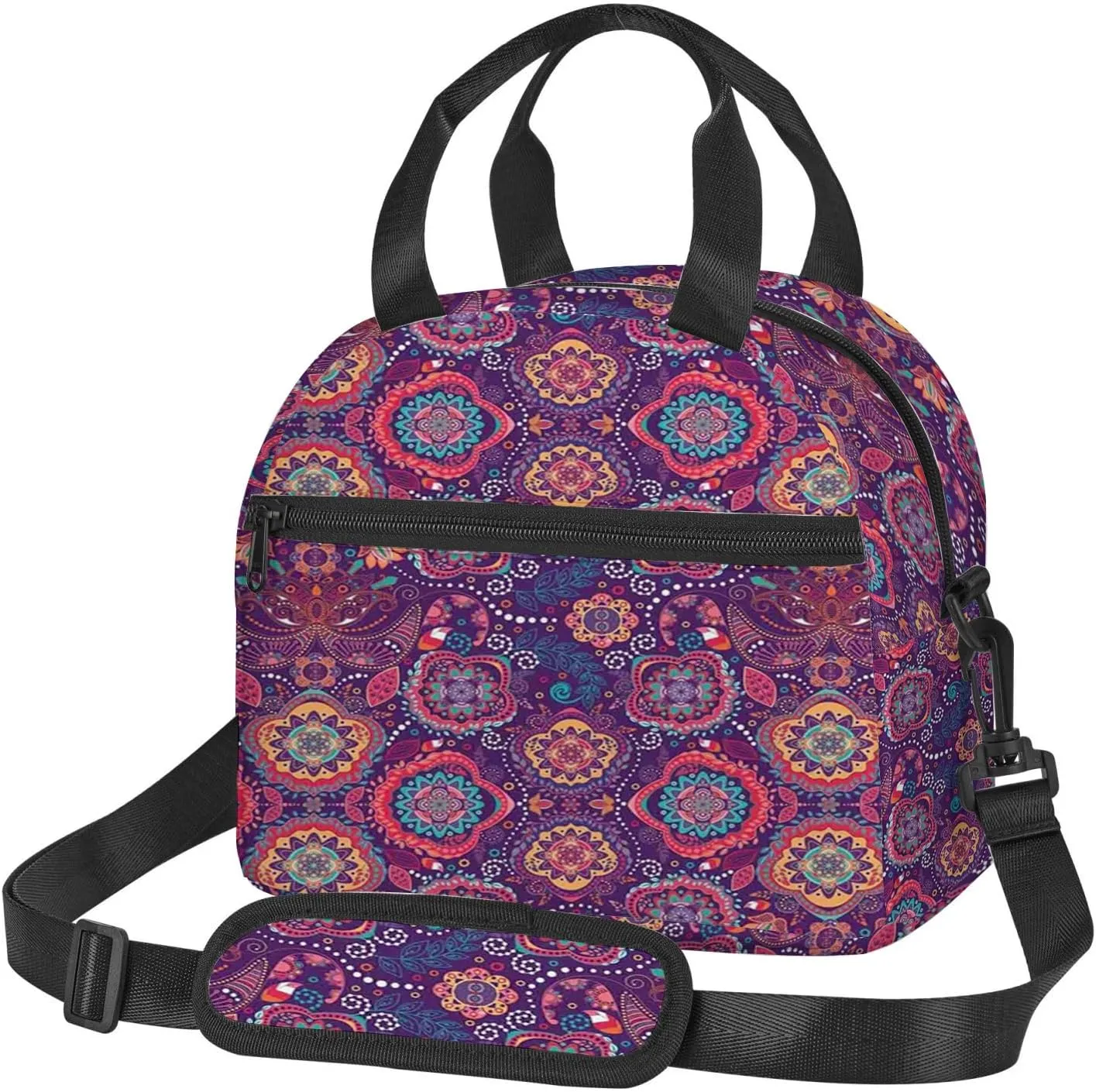 Batik Print,Insulated Reusable Lunch Bag with Adjustable Shoulder Strap for Adults,Eastern Droplet-Shaped Paisley,Leakproof Office Picnic Hiking Beach Tote Bag,Pink Purple,9x5x7.8in