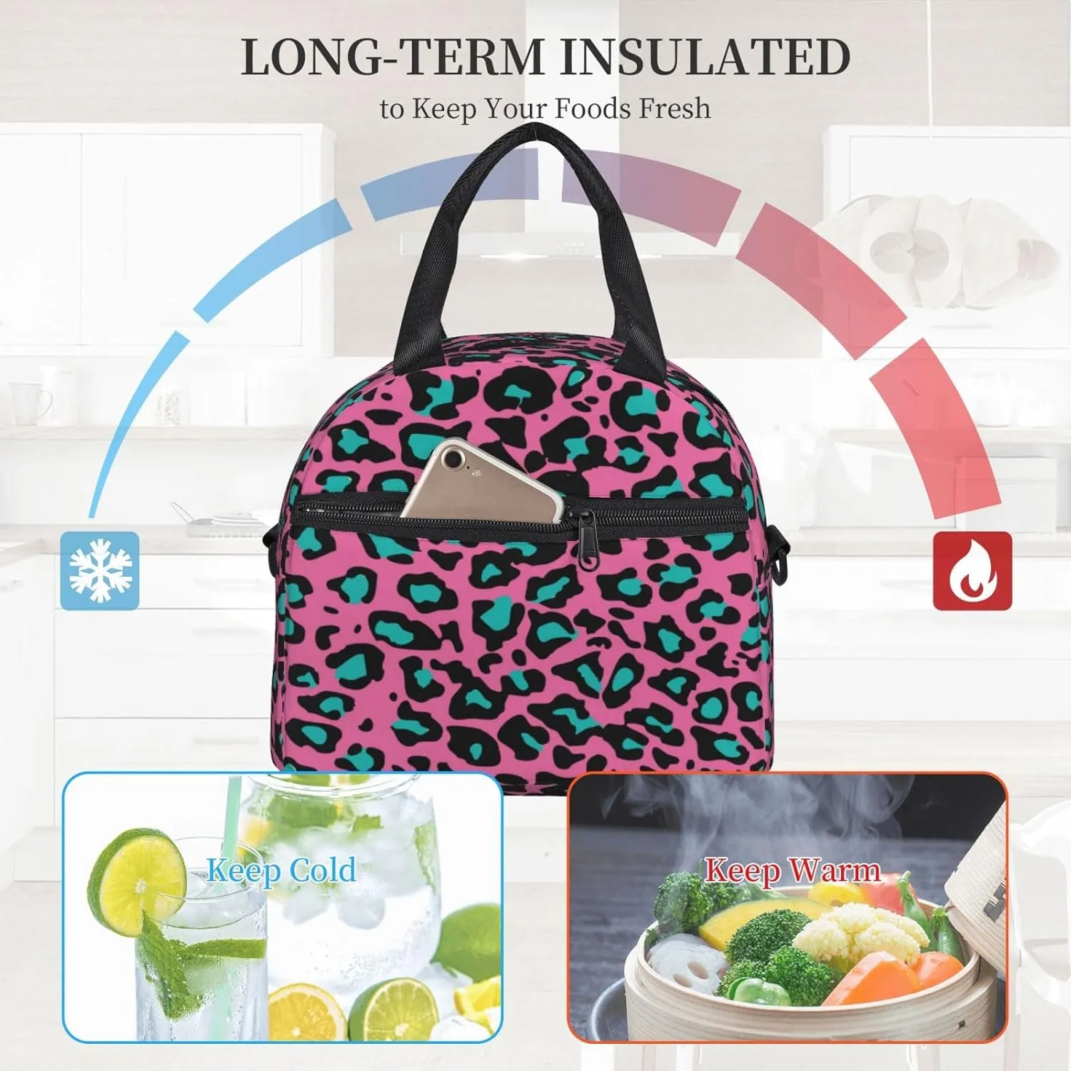 Batik Print,Insulated Reusable Lunch Bag with Adjustable Shoulder Strap for Adults,Eastern Droplet-Shaped Paisley,Leakproof Office Picnic Hiking Beach Tote Bag,Pink Purple,9x5x7.8in