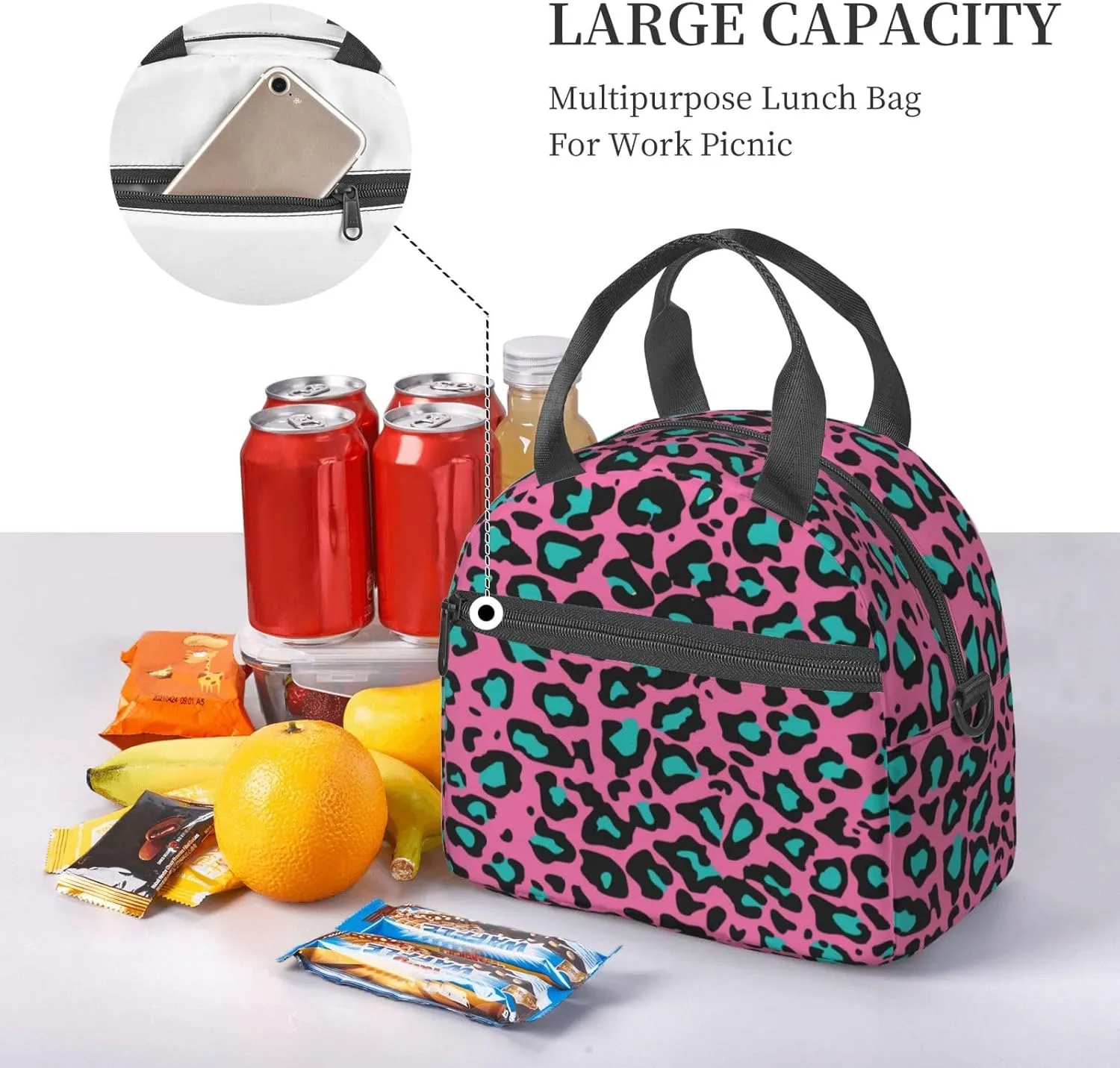 Batik Print,Insulated Reusable Lunch Bag with Adjustable Shoulder Strap for Adults,Eastern Droplet-Shaped Paisley,Leakproof Office Picnic Hiking Beach Tote Bag,Pink Purple,9x5x7.8in