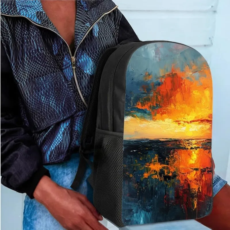 Batik Sunsets 17" College Backpacks Sunset Painting 3 Pieces Backpack Sets Abstract Art Lunch Bag Large Capacity Pencil Case for College Student