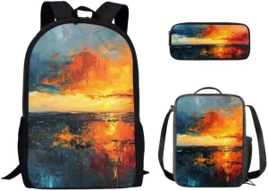 Batik Sunsets 17" College Backpacks Sunset Painting 3 Pieces Backpack Sets Abstract Art Lunch Bag Large Capacity Pencil Case for College Student
