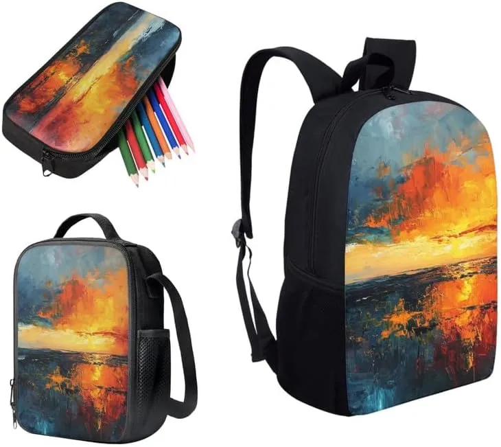 Batik Sunsets 17" College Backpacks Sunset Painting 3 Pieces Backpack Sets Abstract Art Lunch Bag Large Capacity Pencil Case for College Student