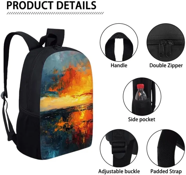 Batik Sunsets 17" College Backpacks Sunset Painting 3 Pieces Backpack Sets Abstract Art Lunch Bag Large Capacity Pencil Case for College Student