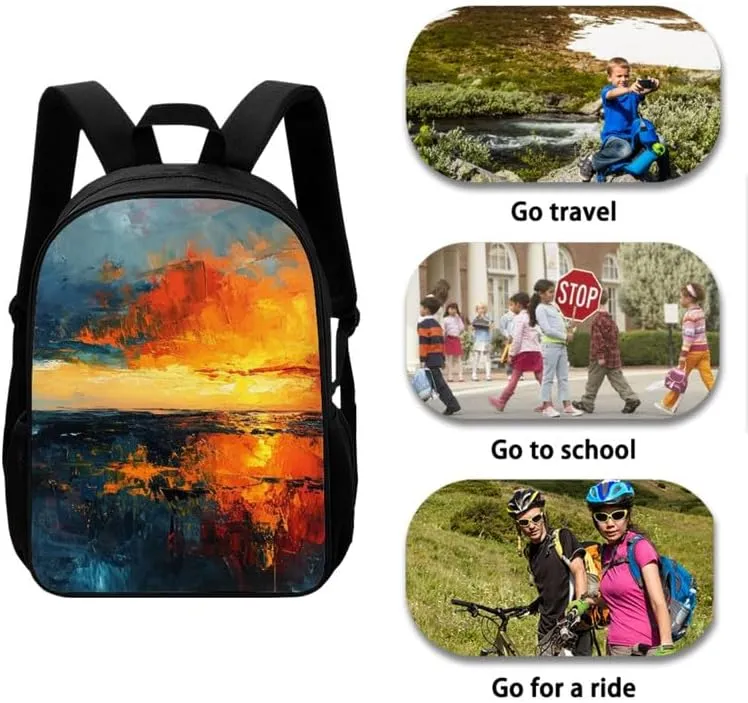 Batik Sunsets 17" College Backpacks Sunset Painting 3 Pieces Backpack Sets Abstract Art Lunch Bag Large Capacity Pencil Case for College Student