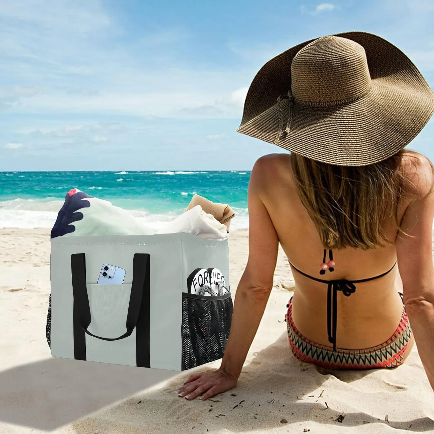 Beach Bag for Women Beige Large Canvas Tote Bag Sandproof Pool Bags with Pocket for Pool Travel Gym Beach