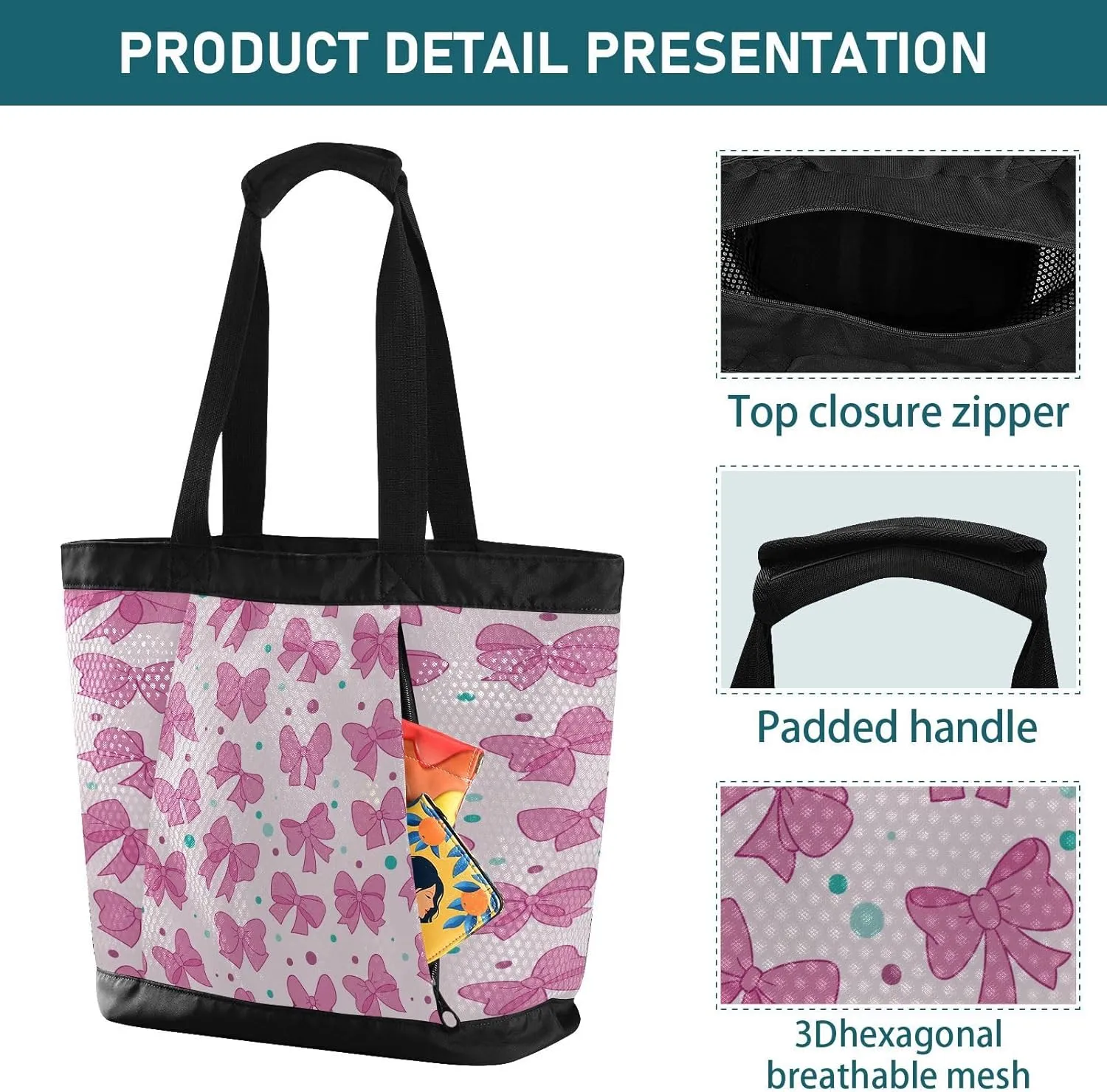 Beach Bag for Women Waterproof Sandproof Mesh Beach Tote Bag with Zipper and Pockets 1F