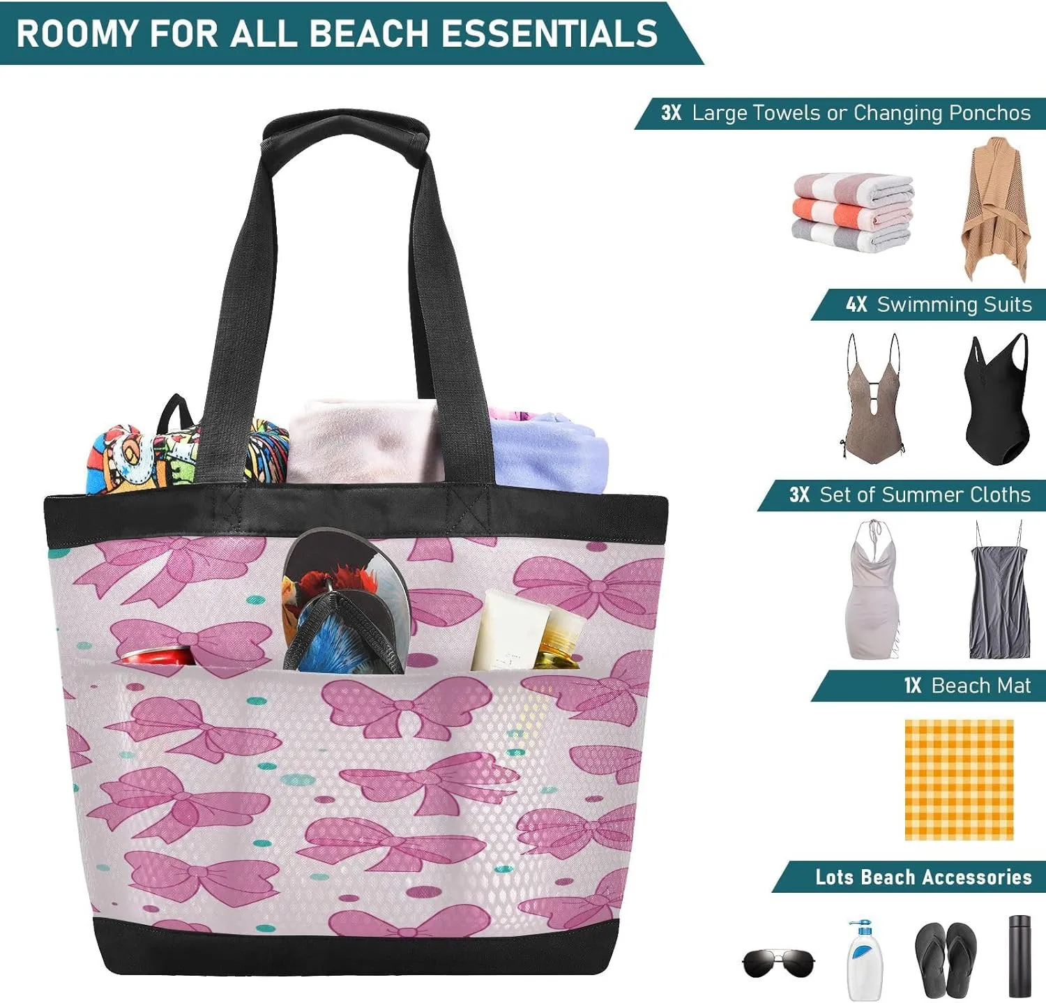 Beach Bag for Women Waterproof Sandproof Mesh Beach Tote Bag with Zipper and Pockets 1F