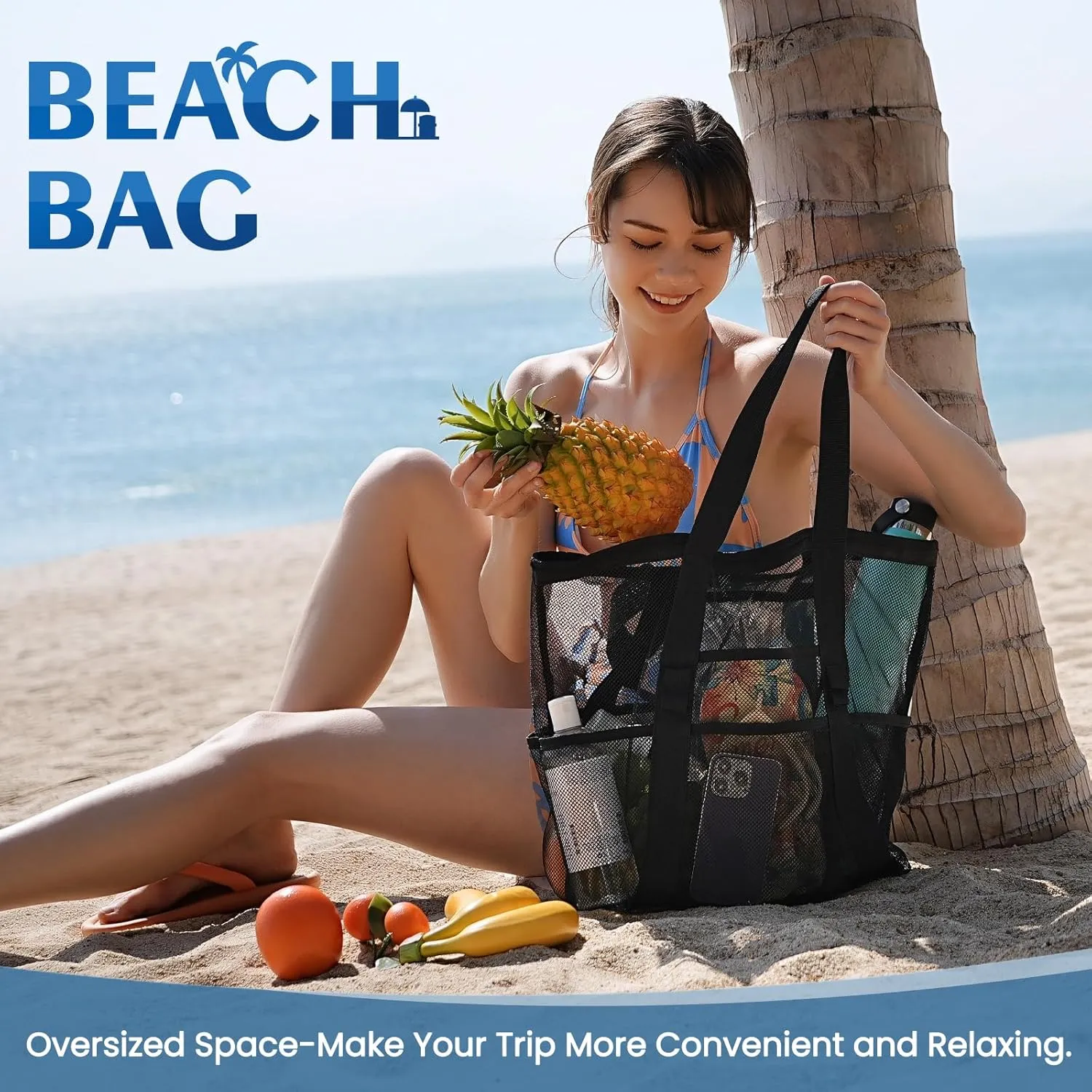 Beach Bag - Mesh Beach Bag Large 8 Pockets, Beach Tote Bag Beach Essentials for Vacation Must Haves