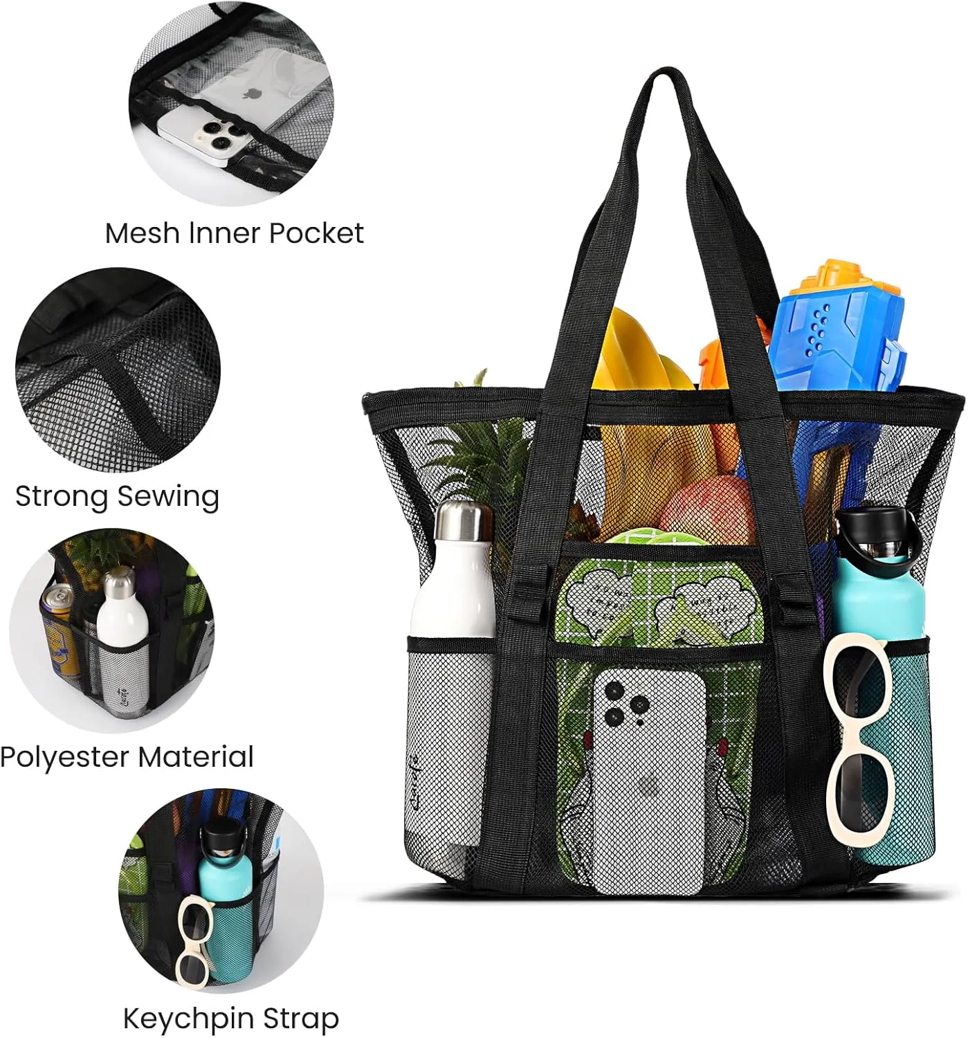 Beach Bag - Mesh Beach Bag Large 8 Pockets, Beach Tote Bag Beach Essentials for Vacation Must Haves