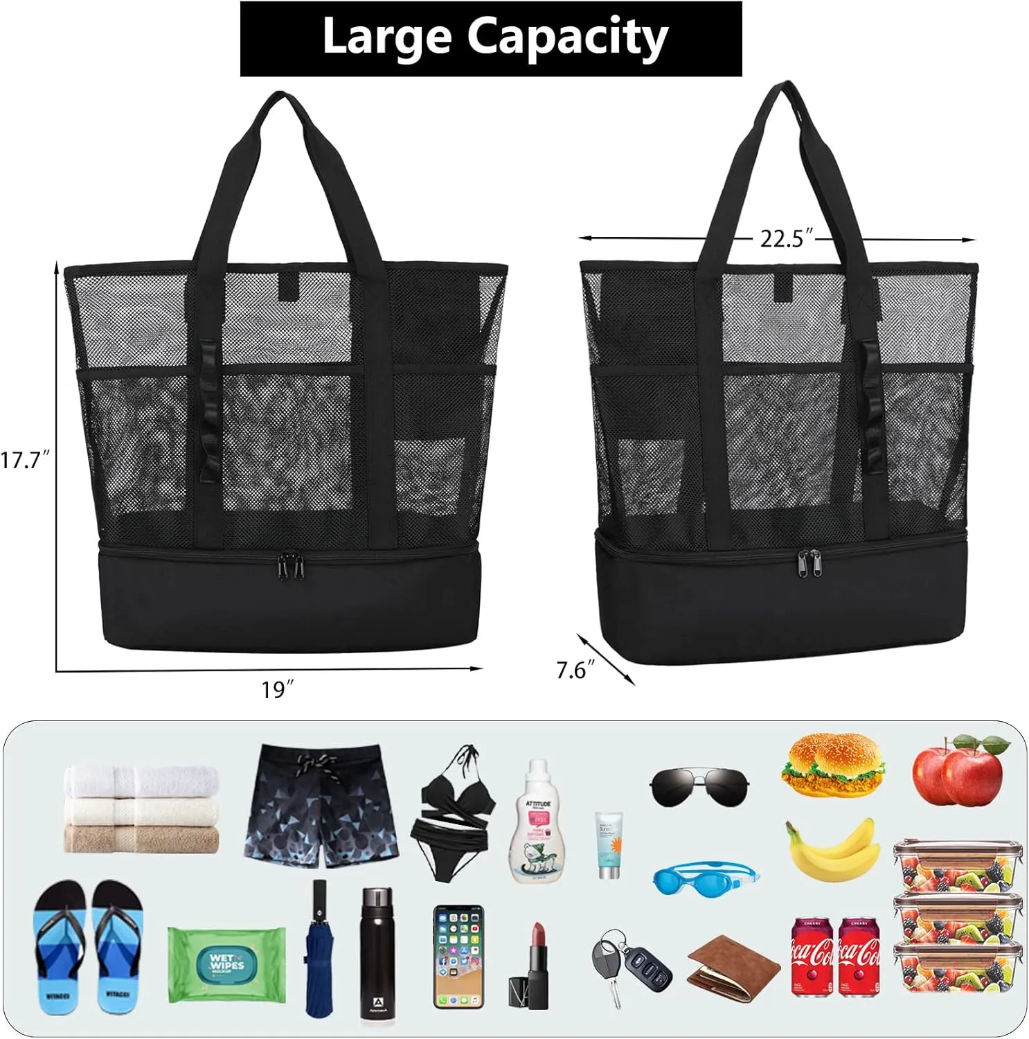 Beach Bag with Cooler,Mesh Beach Bags for Women Sandproof for Pool and Swimming Travel Daily with Durable 8 Pocket