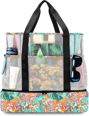 Beach Bag with Cooler,Mesh Beach Bags for Women Sandproof for Pool and Swimming Travel Daily with Durable 8 Pocket