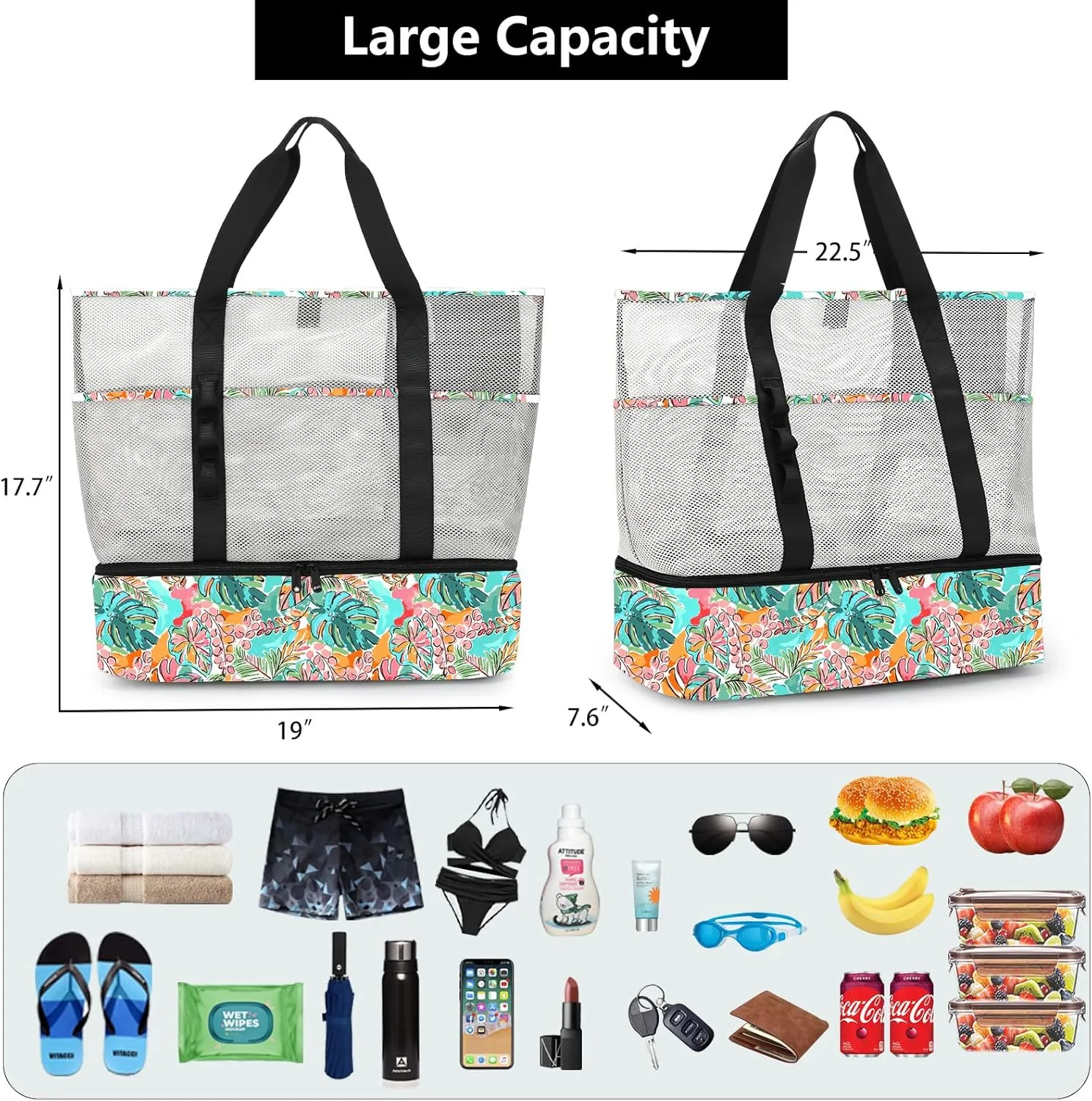 Beach Bag with Cooler,Mesh Beach Bags for Women Sandproof for Pool and Swimming Travel Daily with Durable 8 Pocket