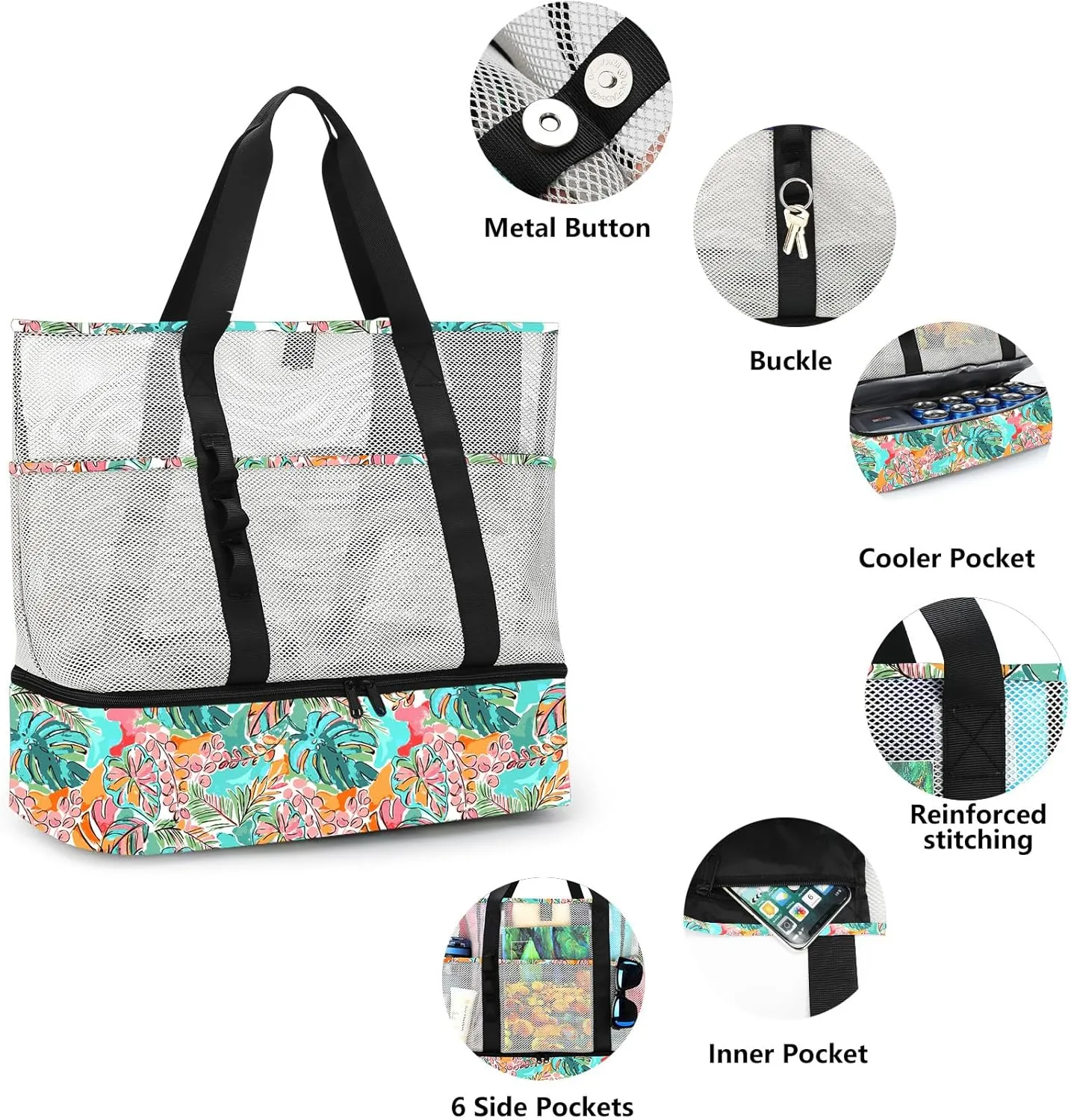 Beach Bag with Cooler,Mesh Beach Bags for Women Sandproof for Pool and Swimming Travel Daily with Durable 8 Pocket