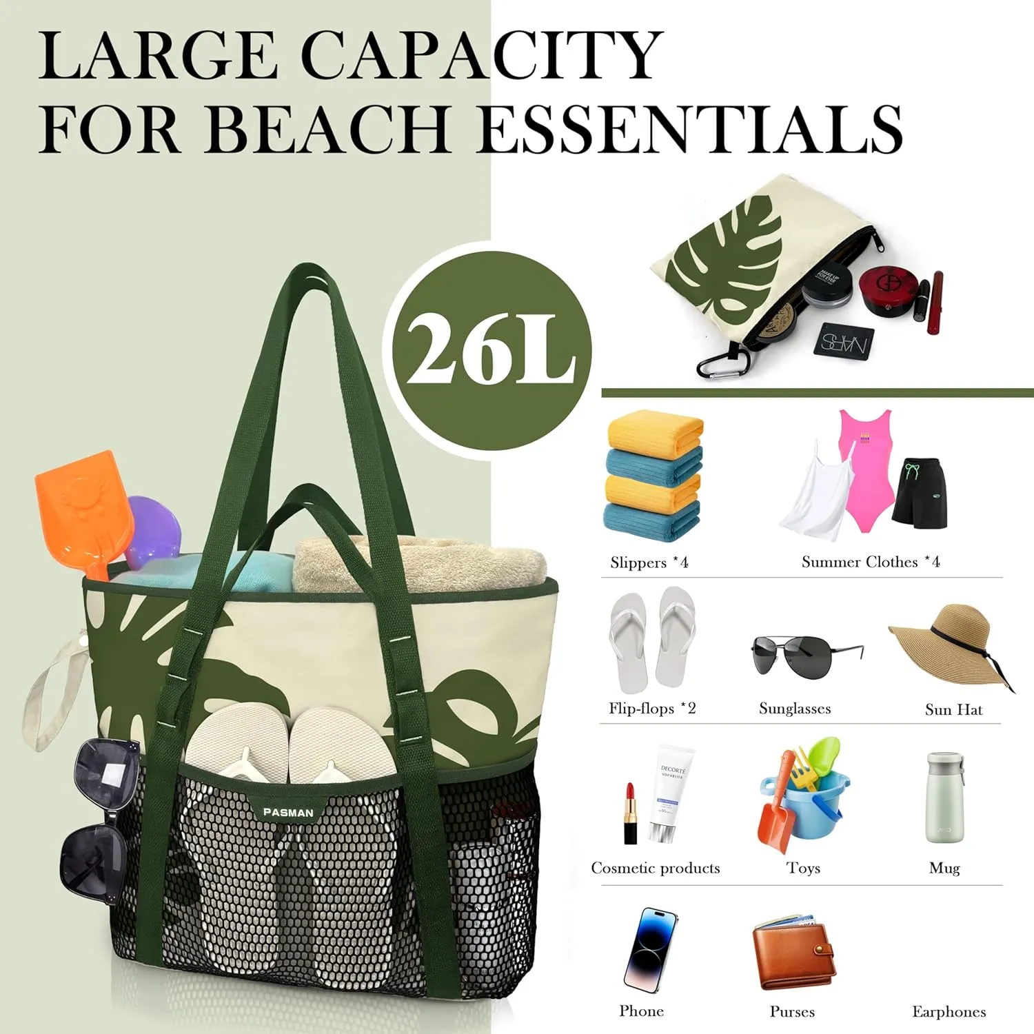 Beach Bag with Zipper - 8 Pockets Sandproof Beach Tote Bag for Women,Foldable Lightweight Family Swim Bag Vacation