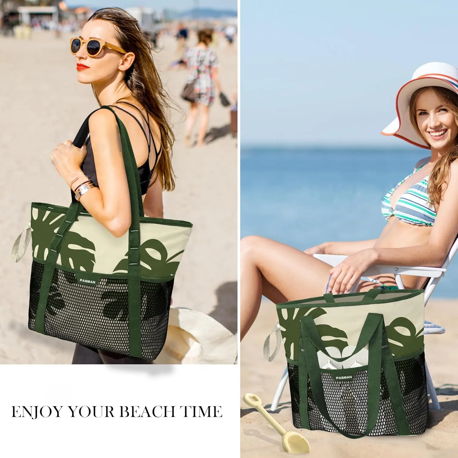 Beach Bag with Zipper - 8 Pockets Sandproof Beach Tote Bag for Women,Foldable Lightweight Family Swim Bag Vacation