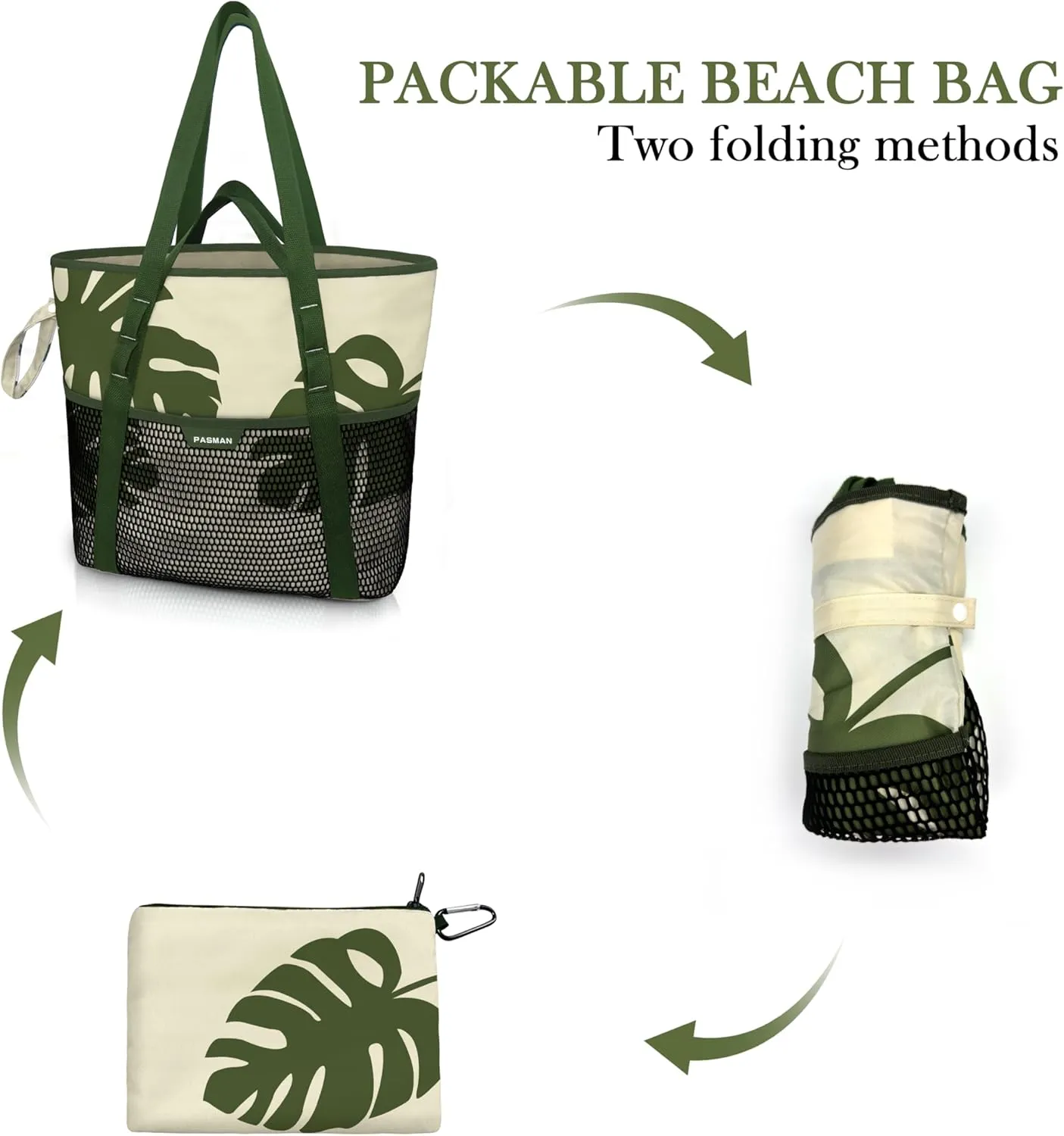 Beach Bag with Zipper - 8 Pockets Sandproof Beach Tote Bag for Women,Foldable Lightweight Family Swim Bag Vacation