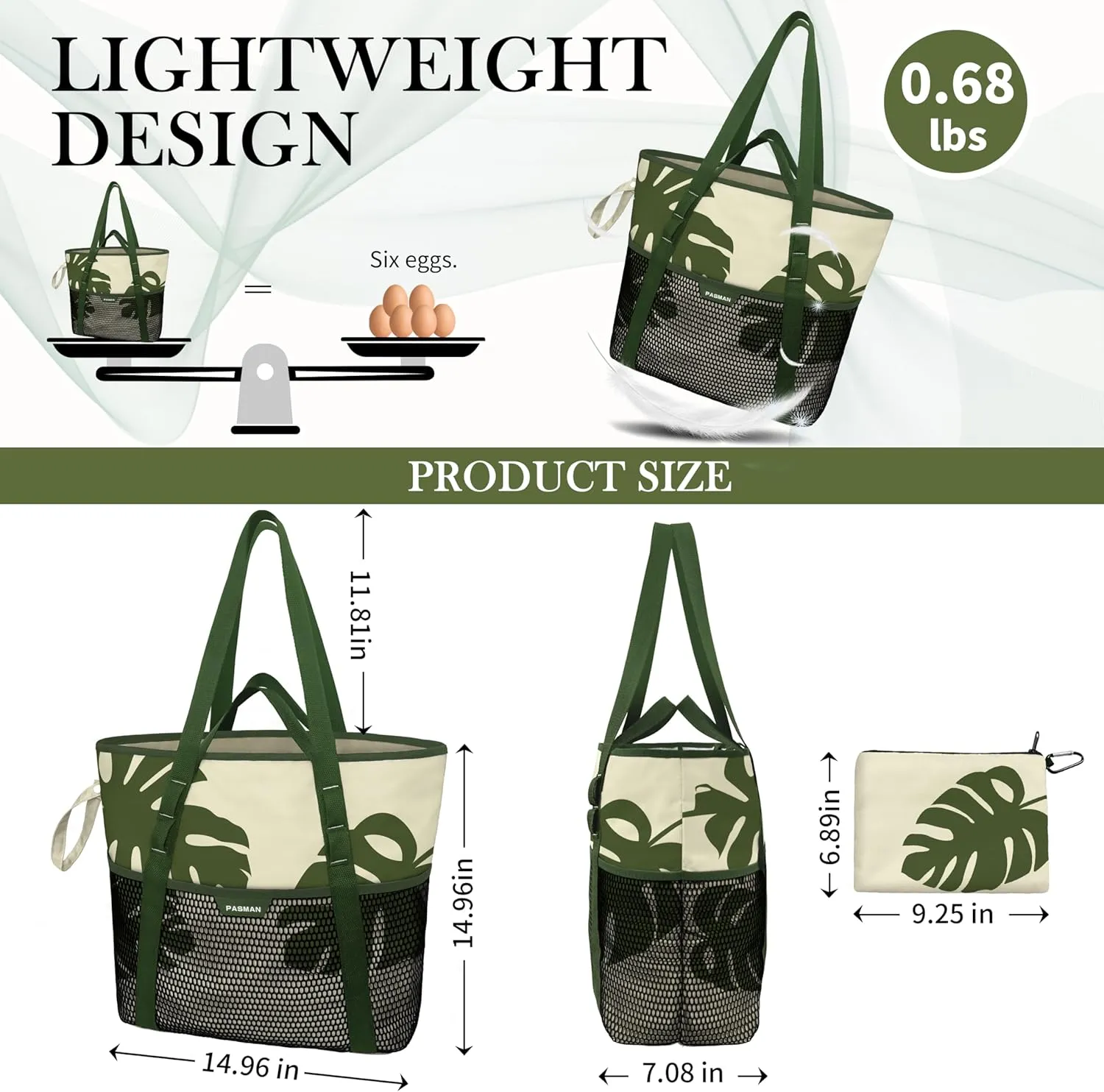 Beach Bag with Zipper - 8 Pockets Sandproof Beach Tote Bag for Women,Foldable Lightweight Family Swim Bag Vacation