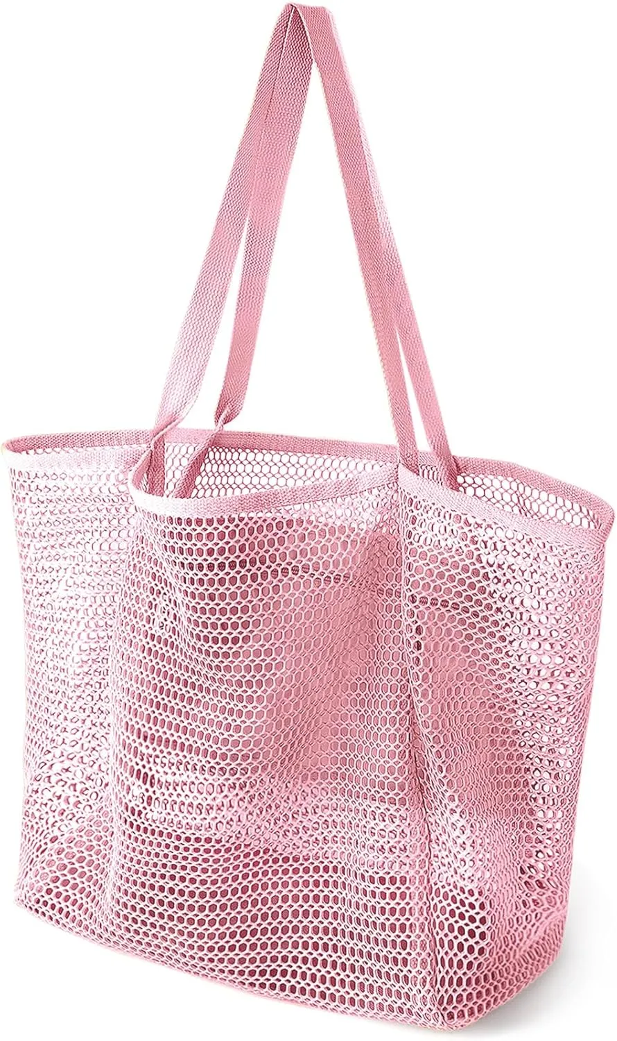 Beach Bags for Women, Summer Travel Mesh Tote Bag with Large Inner Pocket, Sandproof Woven Shoulder Handbag