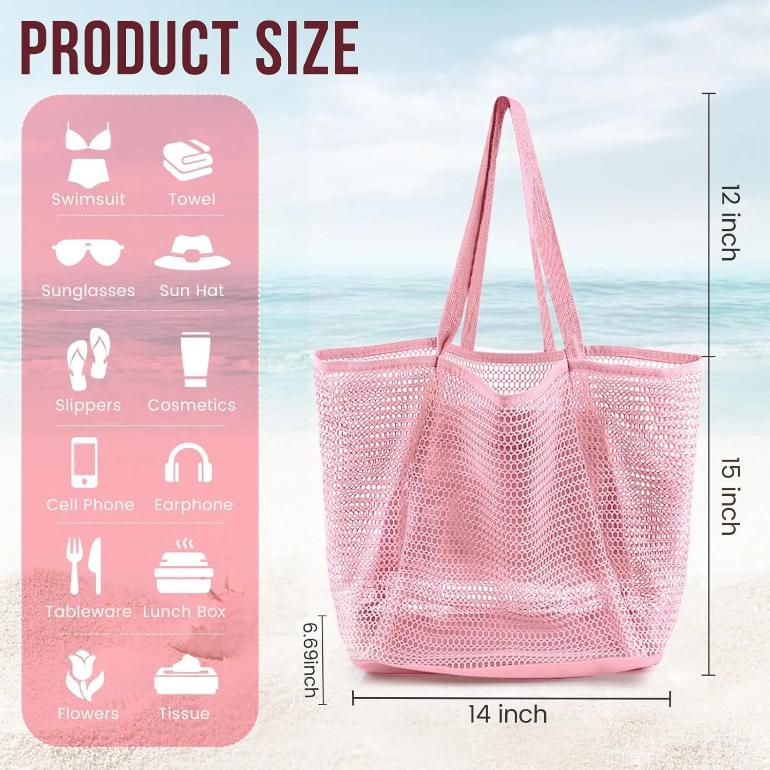 Beach Bags for Women, Summer Travel Mesh Tote Bag with Large Inner Pocket, Sandproof Woven Shoulder Handbag