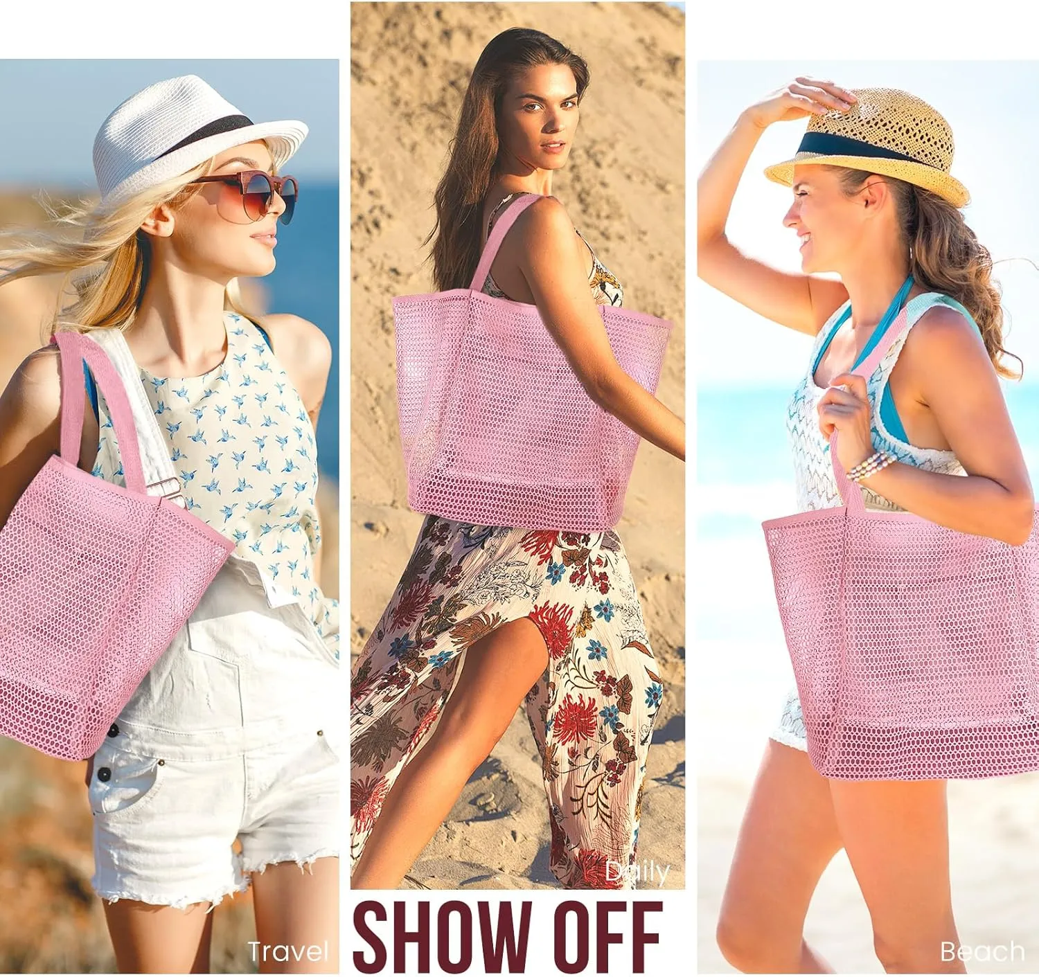 Beach Bags for Women, Summer Travel Mesh Tote Bag with Large Inner Pocket, Sandproof Woven Shoulder Handbag