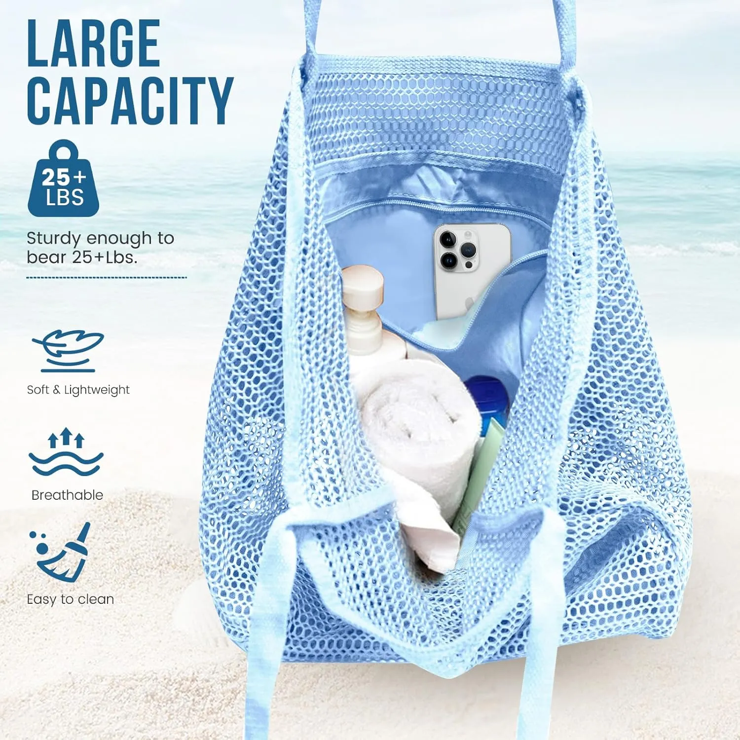 Beach Bags for Women, Summer Travel Mesh Tote Bag with Large Inner Pocket, Sandproof Woven Shoulder Handbag
