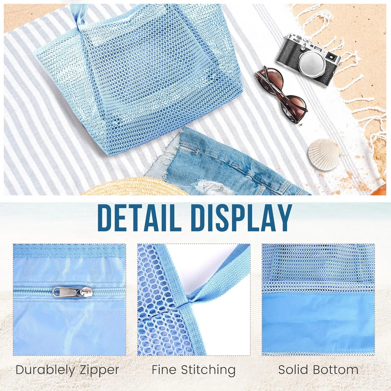 Beach Bags for Women, Summer Travel Mesh Tote Bag with Large Inner Pocket, Sandproof Woven Shoulder Handbag