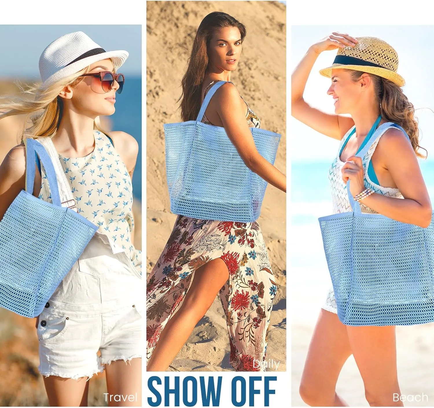 Beach Bags for Women, Summer Travel Mesh Tote Bag with Large Inner Pocket, Sandproof Woven Shoulder Handbag