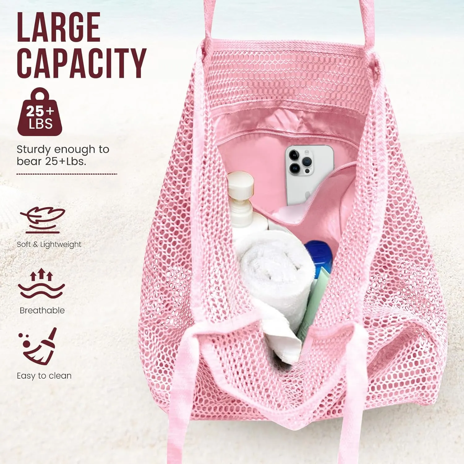 Beach Bags for Women, Summer Travel Mesh Tote Bag with Large Inner Pocket, Sandproof Woven Shoulder Handbag