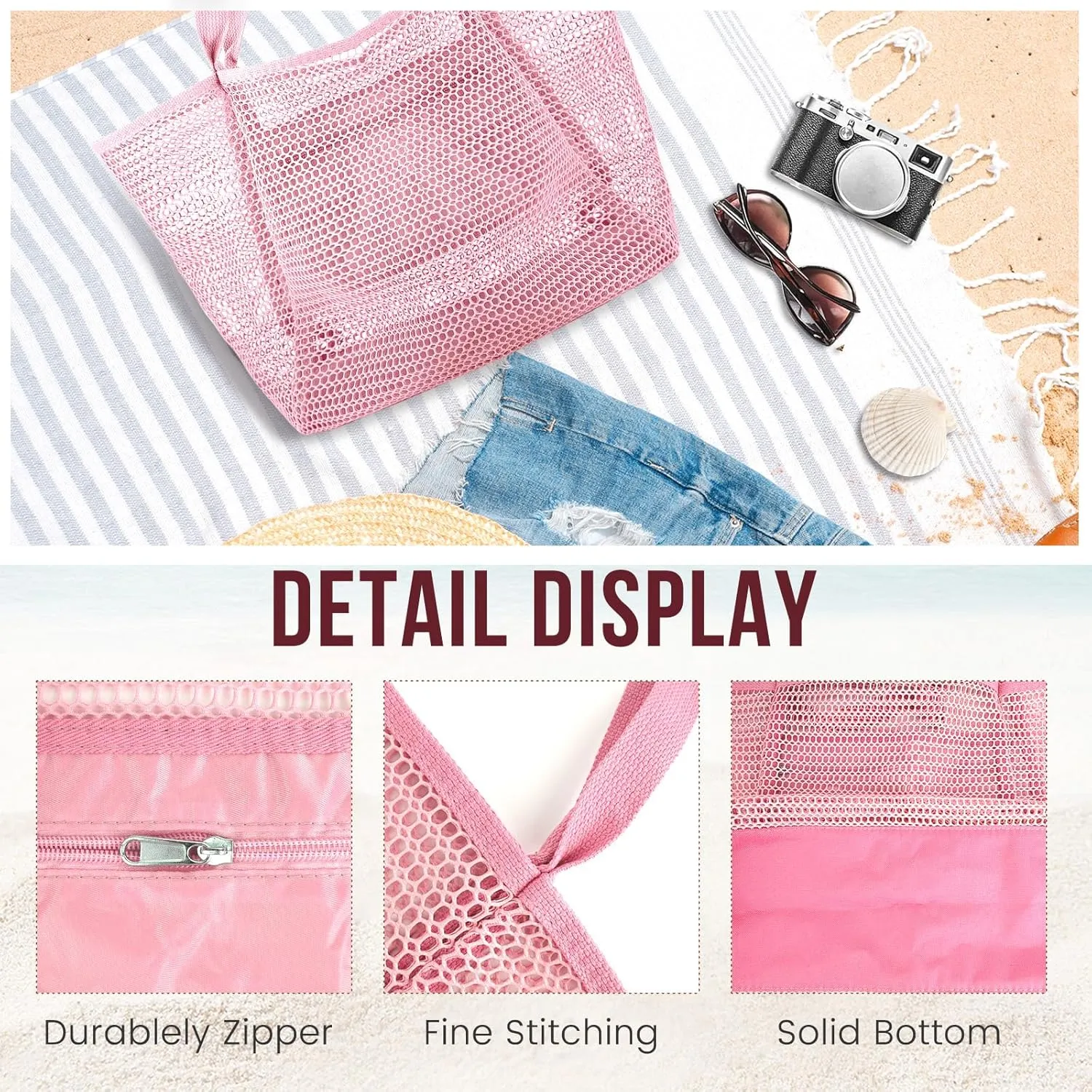 Beach Bags for Women, Summer Travel Mesh Tote Bag with Large Inner Pocket, Sandproof Woven Shoulder Handbag