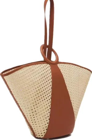 BEACH BAGS-Women's Rattan Woven Big Handbag Straw Tote Long Strap Leather Match Bag