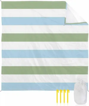 Beach Blanket, Sage Green Blue Stripes Sandproof Waterproof Outdoor Mat Quick Drying Beach Accessories for Vacation Holiday Picnic Camping, 79"x83" for 1-4 Adults