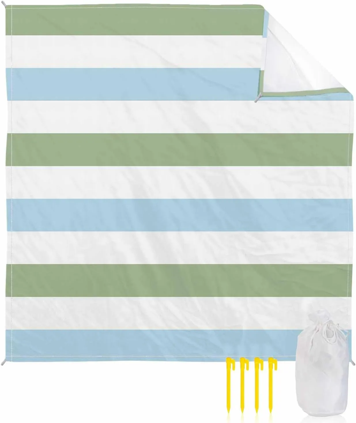 Beach Blanket, Sage Green Blue Stripes Sandproof Waterproof Outdoor Mat Quick Drying Beach Accessories for Vacation Holiday Picnic Camping, 79"x83" for 1-4 Adults