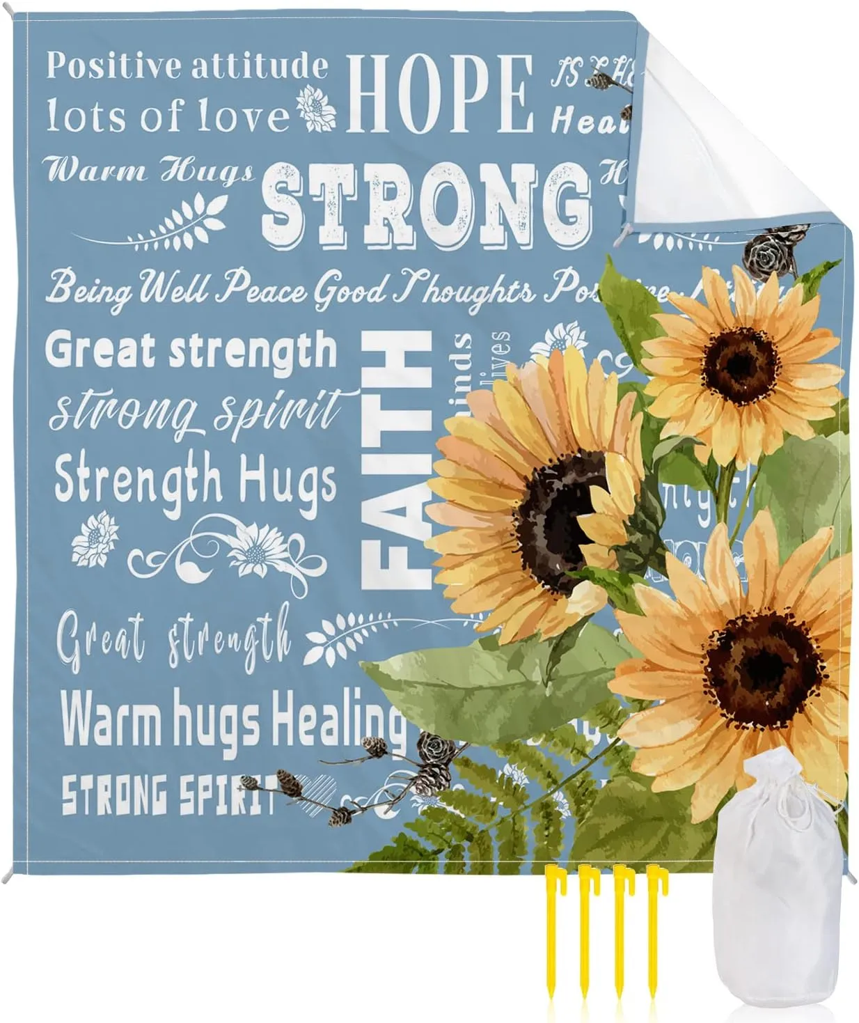 Beach Blanket Sandproof, Sunflower Inspirational Quotes Blue Waterproof Beach Mat Lightweight Quick Drying Picnic Blanket Beach Essentials for Travel Camping Hiking 108x84in