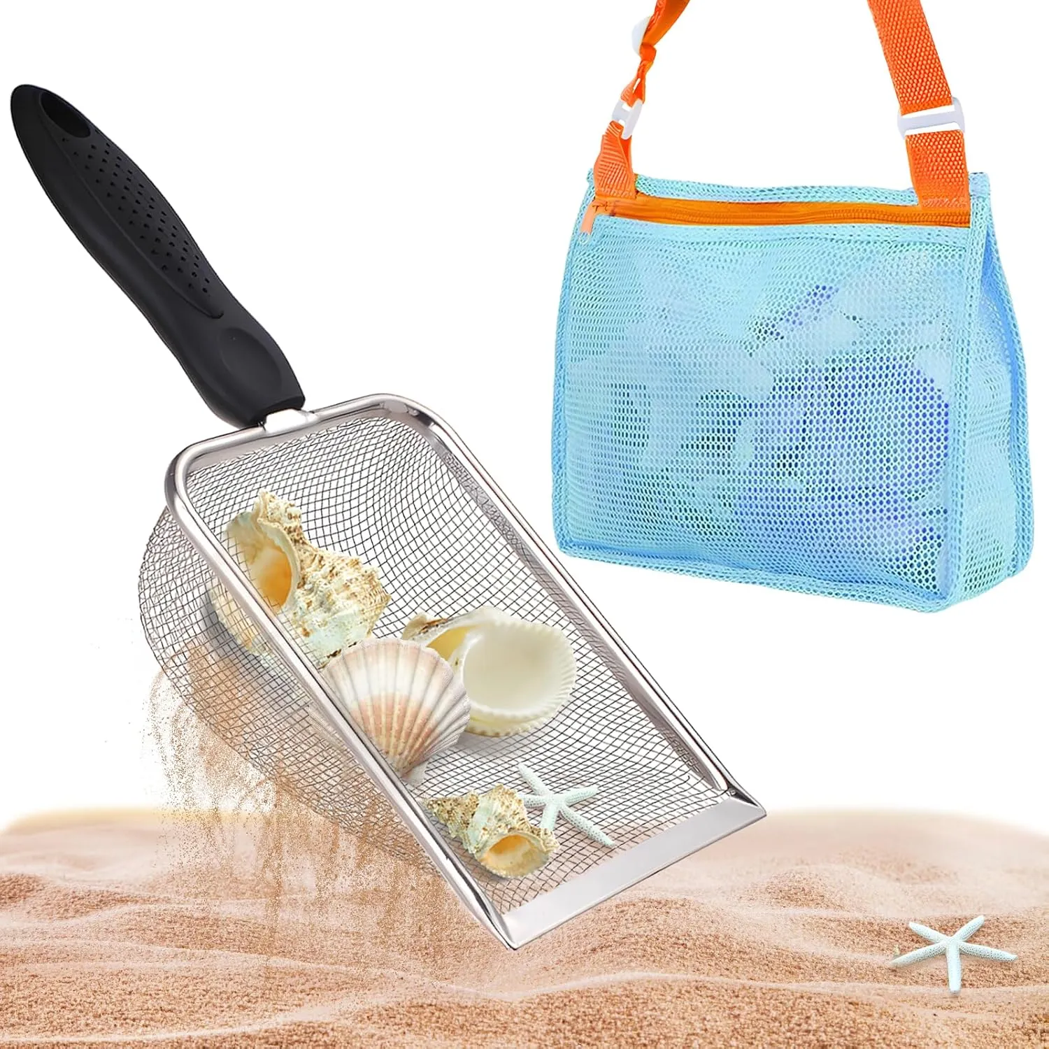Beach Mesh Shovel with Mesh Bag, Beach Shovel for Kids Shell Collecting, Kids Filter Sand Scooper for Picking Up Shells (Black and Blue)