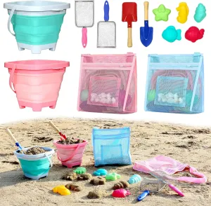 Beach Sand Toys for Kids with Collapsible Buckets, Mesh Bags, Sand Sifter Mesh Shovels, Animal Molds, Sand Scoop Shell Scooper, Beach Travel Toys for Kids Toddlers Boys Girls Ages 4-8